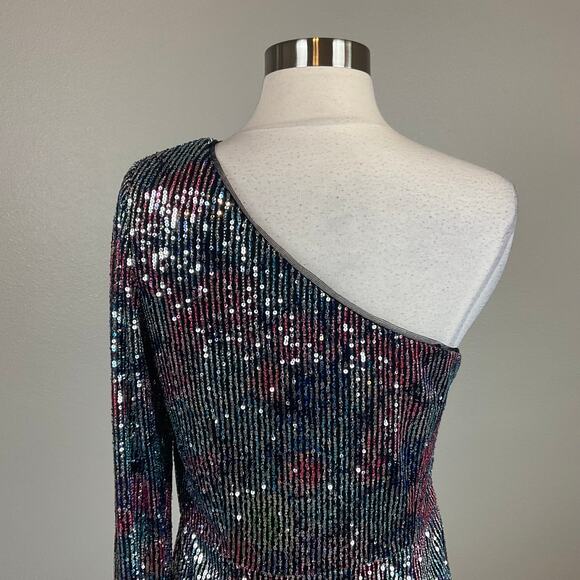 Aidan Mattox Colorful Sequin One Shoulder Mini Sheath Cocktail Dress Blue SZ 12 - Picture 9 of 14